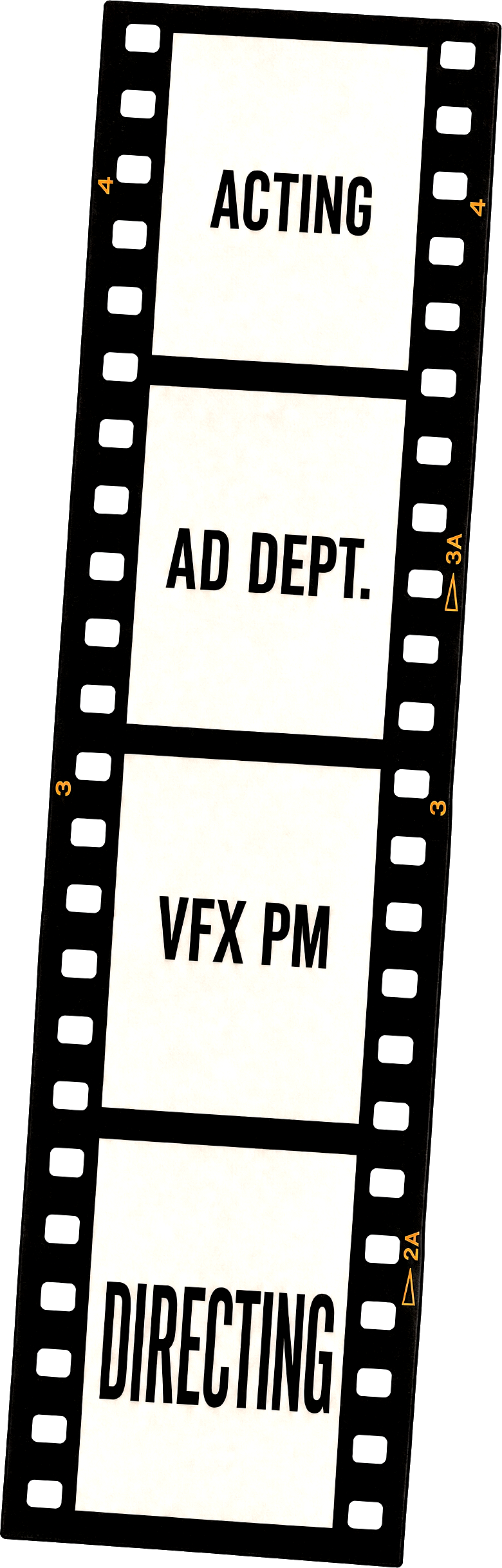 Film strip: Acting, AD Dept., VFX PM, Directing